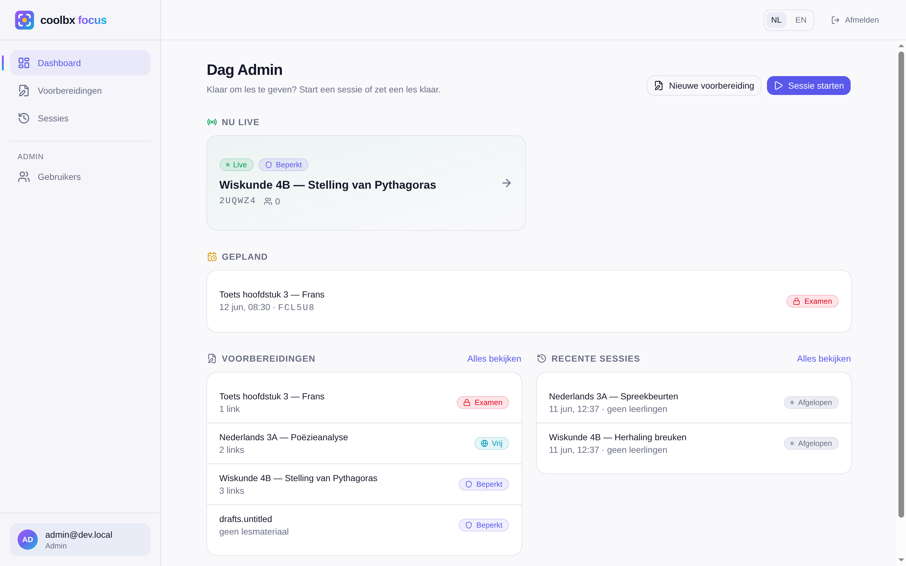 Het dashboard met live, geplande en voorbereide lessen